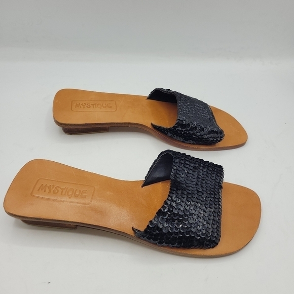 Mystique Black Sequined Leather Slides Sandals Block Heels Size 9 - Picture 4 of 16